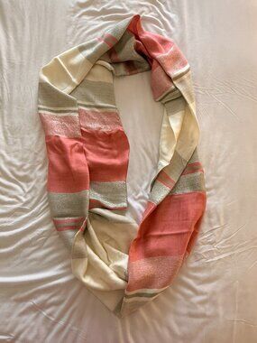 Pink, cream, and silver infinity scarf